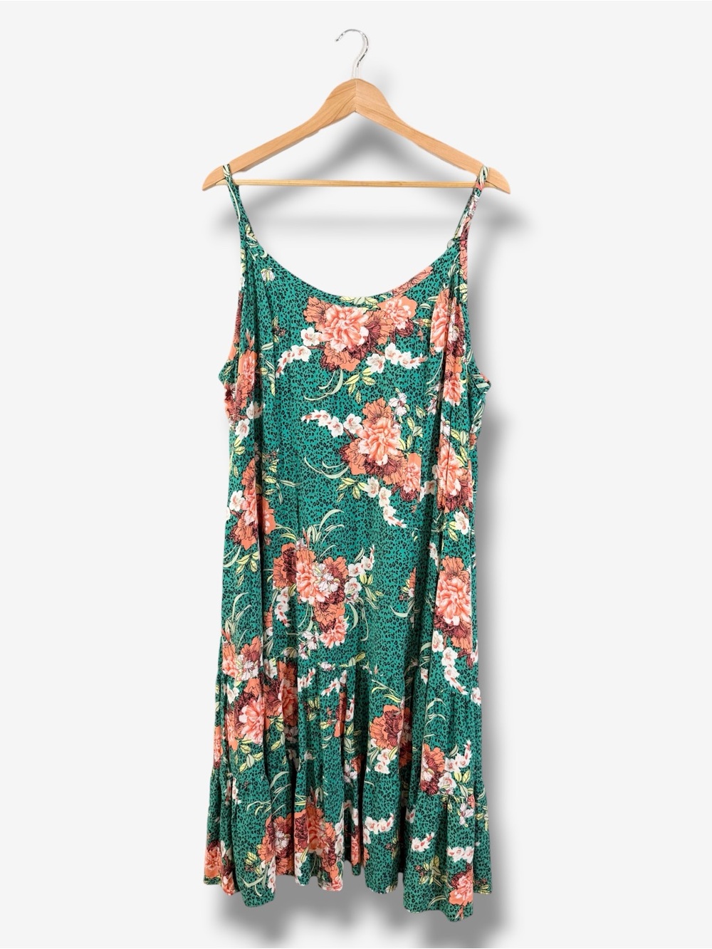 Torrid Green Floral Leopard Print Midi Dress 2X 18/20 Tiered Sleeveless Pockets